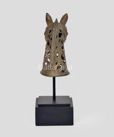 Bronze horse head on stand, back view with carved lattice mane, black rectangular base