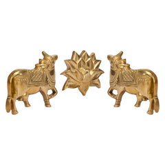 Brass cow and lotus wall decor, three-piece relief design with two cows and flower