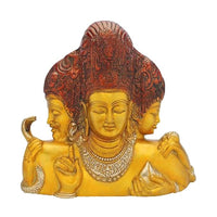 Brass Shiva three-faced deity statue, yellow finish with ornate head and jewelry