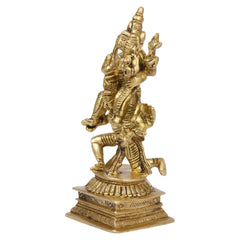 Brass Vishnu and Laxmi on Garuda dev murti, right angle, layered pedestal details