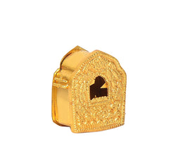 Gold-toned metal gau box with ornate front, dark window, and side clasp/loops