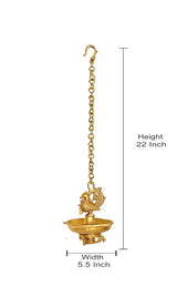 Brass hanging peacock diya deepam; 22 inch height, 5.5 inch width shown