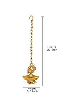 Brass hanging peacock diya deepam; 22 inch height, 5.5 inch width shown