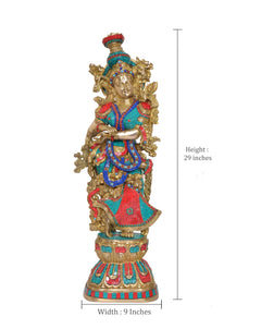 Radha Rani Brass idol statue, 29 in height, width 9 in, blue-red painted attire