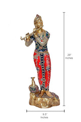 Krishna brass statue height 29 inches, flute pose, blue-red attire and peacock on base