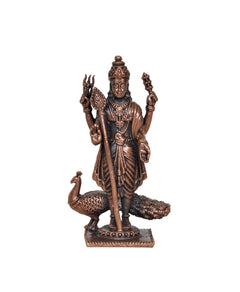 Copper Lord Kartikeya murti, 3 inch, front view with peacock beside