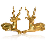 Close view of two gold-tone sitting deer figurines, antlers raised and legs tucked