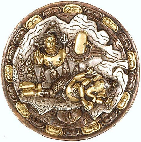 Brass Ganesha Dreams About His Father Shiva wall hanging plate (Height: 6inches)