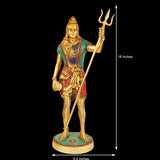 Brass standing Bholenath idol with trident, 18 inches tall, decorated outfit, base