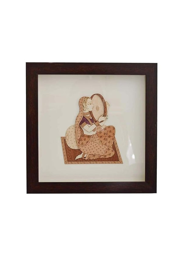 Wooden Art Work Indian Women With Dafali Frame Wall Decor 8 x 8 Inch Mandir Setting