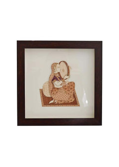 Dark wood framed art of seated Indian woman, 8x8 inch wall decor