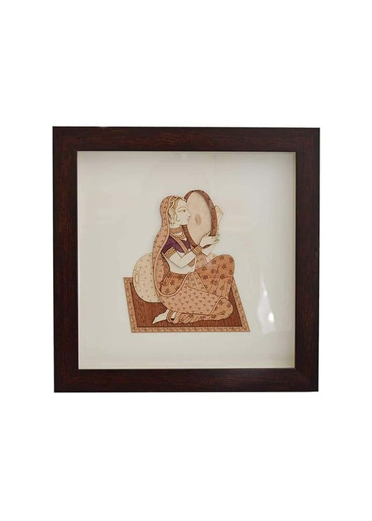 Wooden Art Work Indian Women With Dafali Frame Wall Decor 8 x 8 Inch