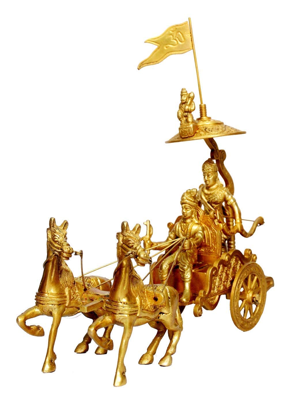 Antique brass Krishna Arjun chariot with two horses and raised flag (9 in)