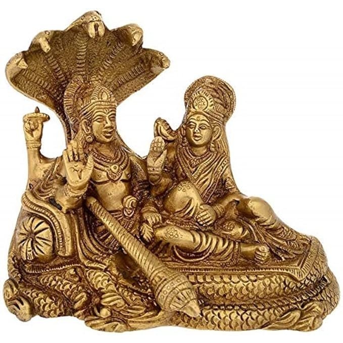 Brass Vishnu Lakshmi statue with Sheshnag, 6-inch, seated figures and serpent base