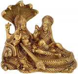 Brass 6-inch Vishnu and Lakshmi idol on Sheshnag, ornate detailing