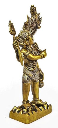 Brass Shiva Maa Ganga statue, side view with trident, standing figure on textured base