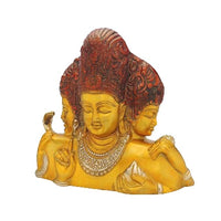 Yellow brass Shiva three-face statue, side view with raised hands and detailed ornaments