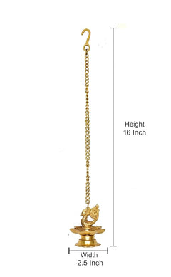 Brass hanging diya lamp, height 16 inch, width 2.5 inch, peacock