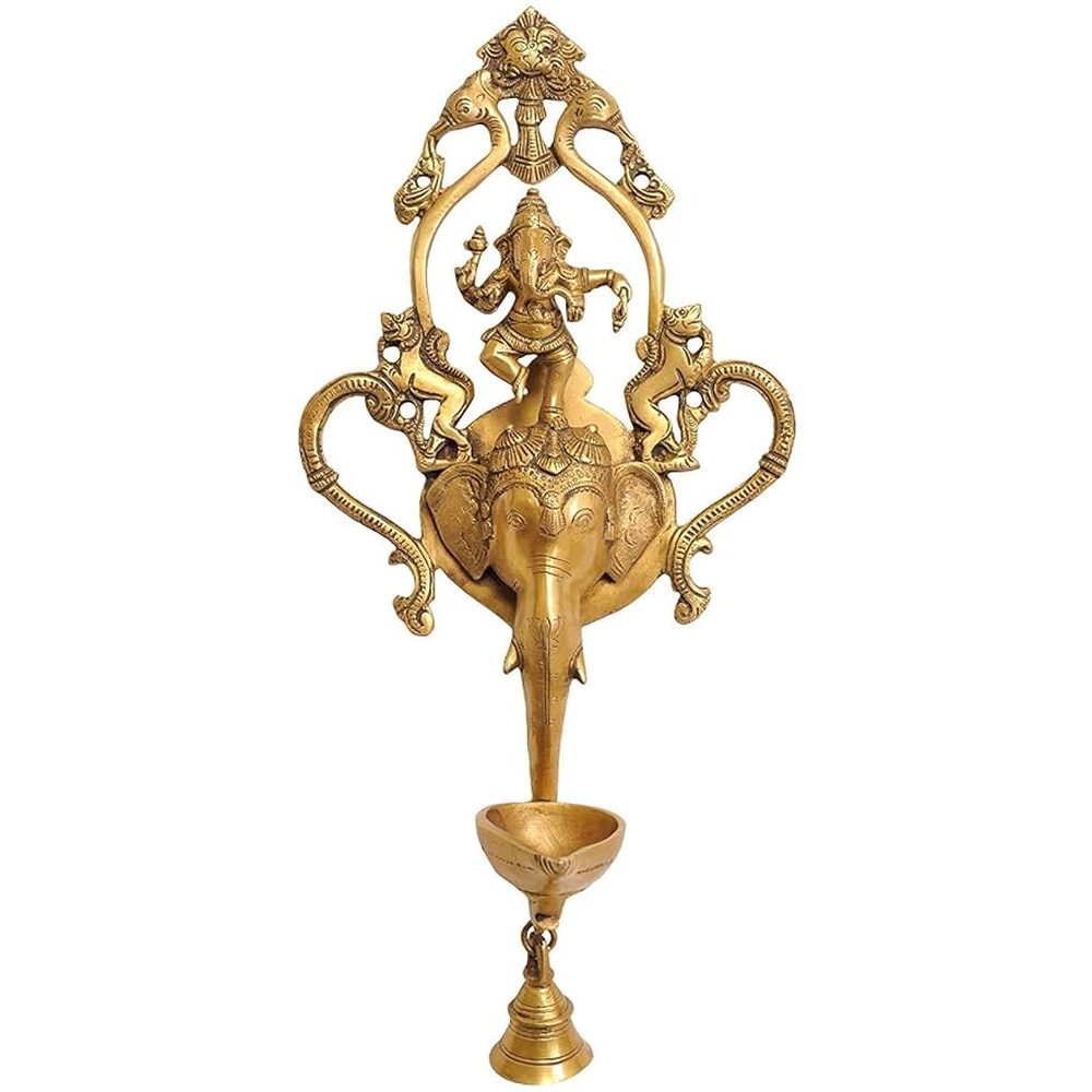 Brass Dancing Ganesha wall hanging lamp with bell ornament, 16.5 in