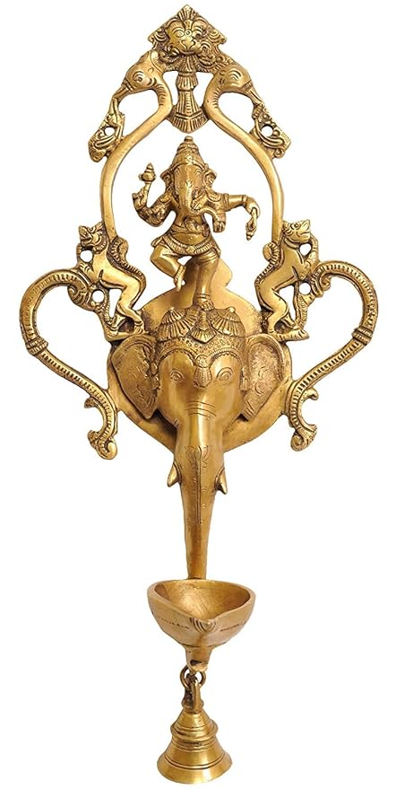 Brass Dancing Ganesha Wall Hanging Lamp with Bell and Kirtimukha, Height: 16.5"