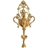 Brass Dancing Ganesha wall hanging lamp with bell ornament, 16.5 in