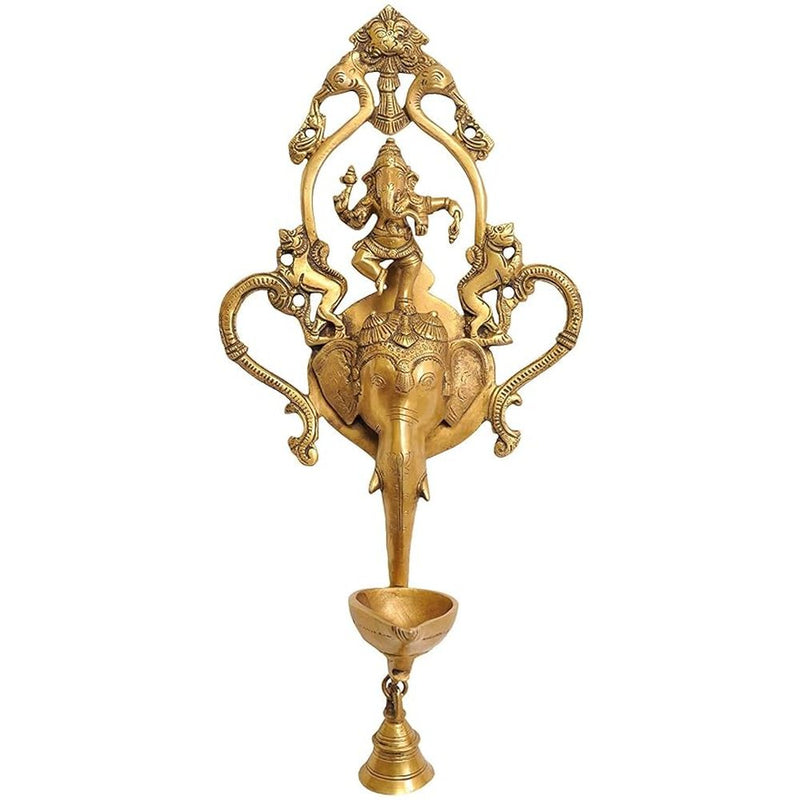 Brass Dancing Ganesha Wall Hanging Lamp with Bell and Kirtimukha, Height: 16.5"