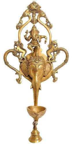 Brass Dancing Ganesha Wall Hanging Lamp with Bell and Kirtimukha, Height: 16.5"