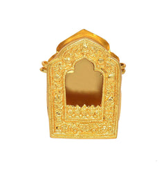 Gold-tone medium Tibetan Buddhist gau box front with decorative arch and side handles