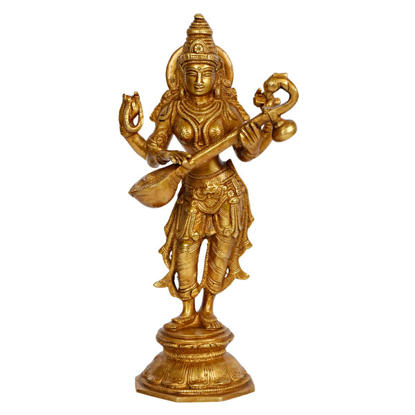 Brass Goddess Maa Saraswati Standing Vidya Devi Sculpture (Height :10 Inches) Entryway Setting