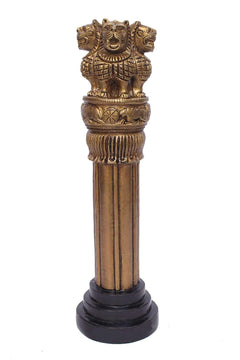Brass Ashok Chakra pillar showpiece 6 in, lion top with ribbed pillar and black base