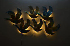 Six flying birds wall decor glowing warm LED, blue and gold metal silhouettes