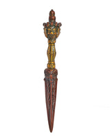 Upright furba phurpa dagger pendant with carved deity head top and brown blade
