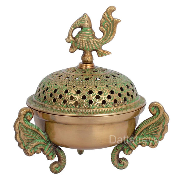 Brass Loban Dhoop Dani with Peacock Showpiece (Height 6 Inch) Green Entryway Setting