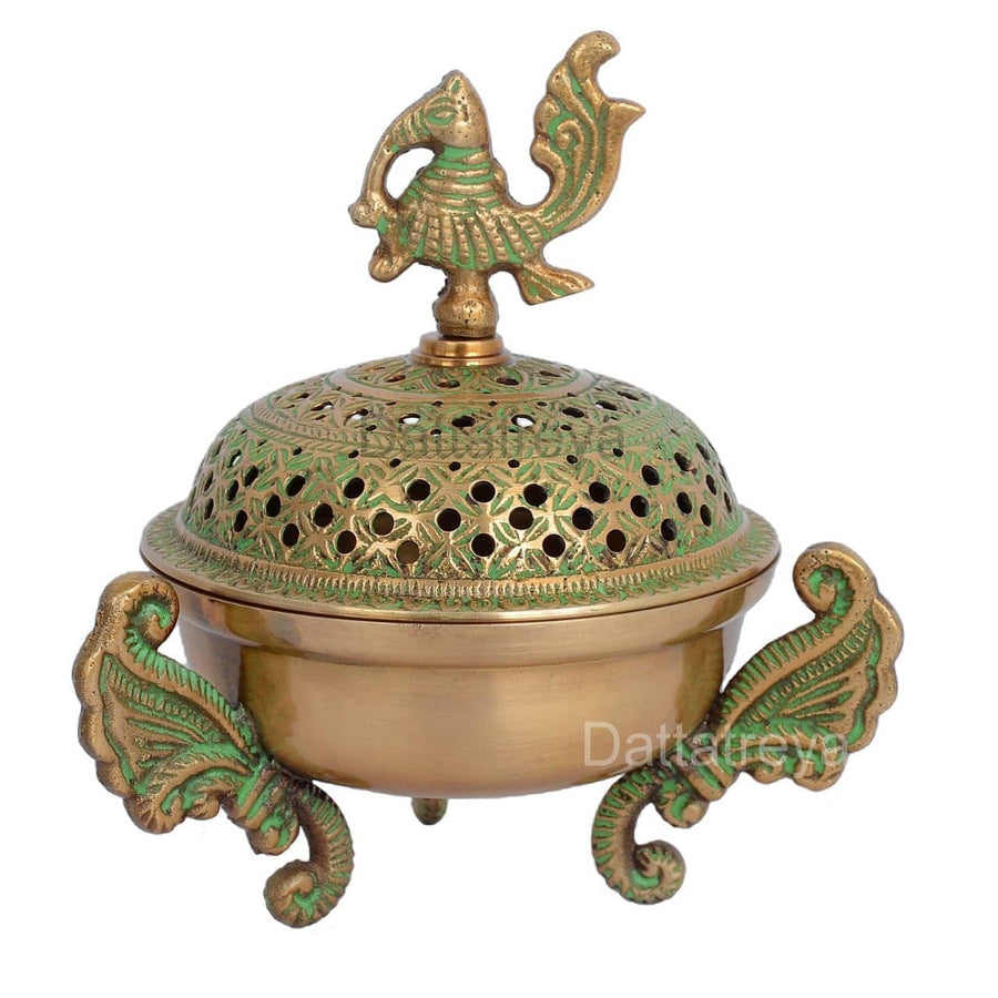 Brass Loban Dhoop Dani with Peacock Showpiece (Height 6 Inch) Green Craft Detail