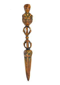 Multicolor brass dangling pendant with carved face details and pointed dagger tip
