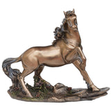 Running horse polyresin statue, full side view, metallic bronze finish, floral base