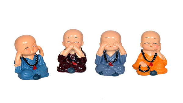 Resin Buddha Monk Set of 4 Statue Smilling Little Buddha Monk Figurines Showpiece Buddha Idol Statue for Table Decor Living Room Home Car Dashboard (Height: 2 Inch)