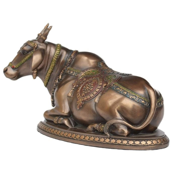 Handcrafted Fengshui Copper Finish Polyresin Sitting Nandi Idol for Home Decorative Showpiece, 8 Inch Study Setting