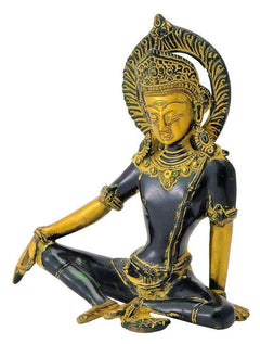 Golden-and-black seated Indra dev figure with jeweled headpiece, cross-legged