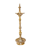 Brass peacock diya lamp stand with flared top bowl and polished tiered column