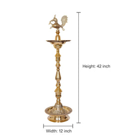 Brass peacock oil lamp stand; height 42 in, width 12 in, tiered base dish