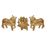 Brass cow pair and lotus wall decor set, decorative relief figures on panel