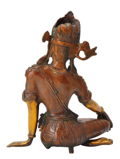 Brass Lord Indra idol (9.5 in), side view: seated figure with carved back and arm bands