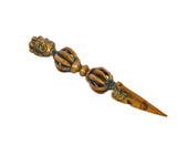 Brass Dorje Vajra Furba dagger pendant with carved spherical beads