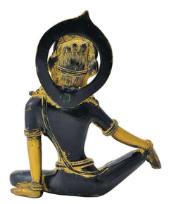 Golden-and-black seated Indra dev statue, side view, one arm resting on knee