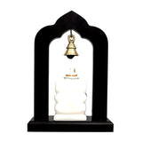Marble Lord Ganesha idol front view with hanging bell and wooden arch stand