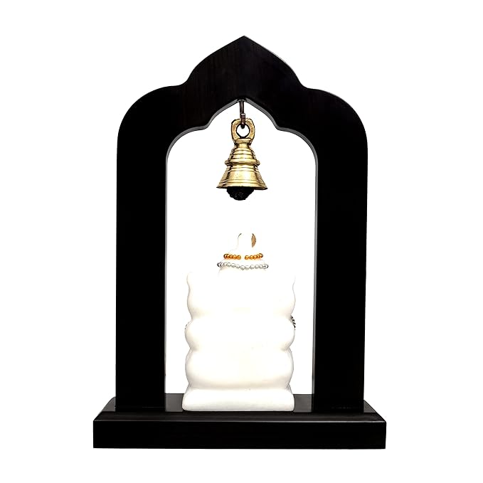 Marble Lord Ganesha Idol Statue with Brass Hanging Bells Wooden Base Ganesha Idols for Home Living Room Office Decor Gifts Height 9 Inch