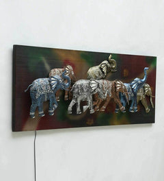 Iron running elephants wall decor with LED lights, five decorative elephants with patterned details