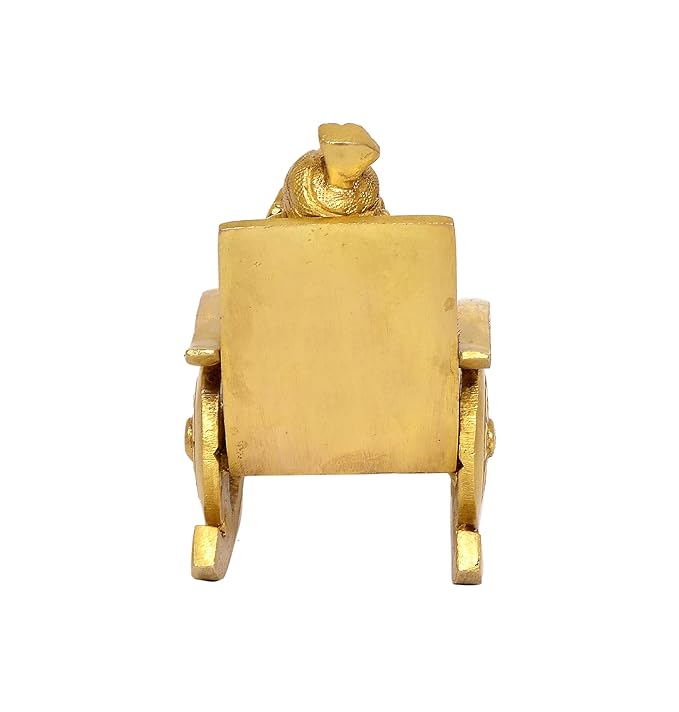 Brass Ganesha Statue Book Reading Turbaned Ganesh Sitting on Chair Sculpture Golden (Height 5 inch)