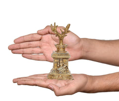 Brass Tulsi plant idol statue held in hands for size, 6 inch